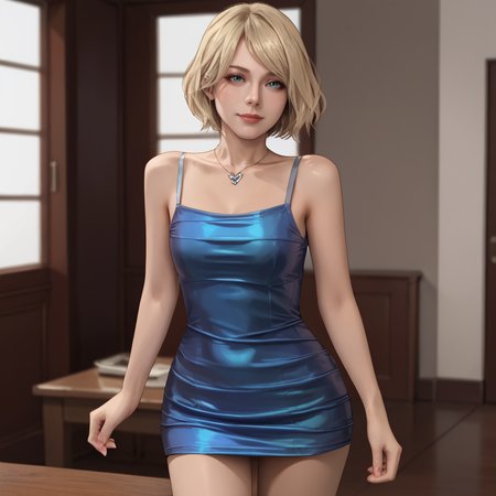 <lora:ashleyre4remake_pony_v1:.8>  Ashley, 1girl, solo, short hair, blonde hair, blue eyes, lips, bob cut,  cowboy shot, cowboy shot <lora:0878 Laser nightclub skirt_v1_pony:1> ruanyi0878,blue dress,short skirt