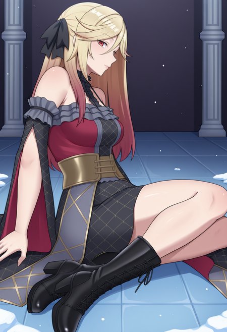 general, 1girl, mature female, vampire fraulein, vampire,  black frilled choker, black frilled dress, black frilled sleeves, black hair bow, black cross-laced footwear,  full body, sitting, looking at viewer, side view,  labyrinth, snow floor, ice floor, ice walls, p0lp4w03lb0, 2.5d,     masterpiece, best quality, high quality, absurdres, highres,