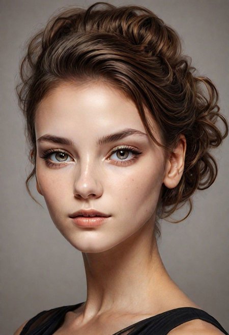 A detailed portrait of a young woman exuding elegance and natural grace. She has a voluminous updo hairstyle with wisps of hair tenderly framing her face. Her hazel eyes are accentuated by tasteful makeup, s. She wears a high-necked black top, suggesting a blend of casual refinement. The lighting should illuminate her face against a subdued background, emphasizing her calm and confident expression. High Fashion, dynamic, dramatic, elegant, High fashion supermodel, avant garde style
fFaceDetaile