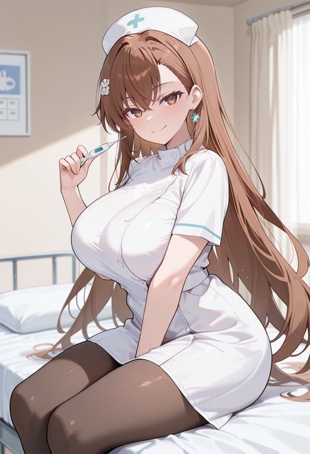 1girl,  <lora:Misaka_Mikoto_-_Adult_IL:1.0> mikoto-adult huge breasts, very long hair,single earring,
 <lora:nurse_illustrious_V1.0:0.8> nurse, short sleeves, white dress, nurse cap,pantyhose
holding thermometer, 
hospital room, hospital bed, sitting on bedside, looking at viewer,  seductive smile,  from side,, masterpiece,best_quality, newest, masterpiece, best quality, absurdres, highres, highly detailed, very aesthetic, depth of field, volumetric lighting