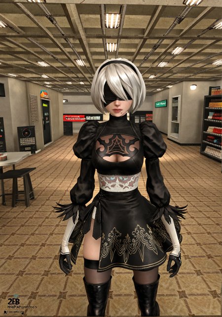 masterpiece, realistic, scenery, best_quality, ultra_detailed, absurdres, newest, sharp_focus, high_clarity, intricate_details, cinematic_shot, 1girl, solo, (2b_nier_automata:1.3), (short_white_bob_hair:1.2), (blindfold_iconic_black_visor:1.2), (wearing_her_signature_black_gothic_lolita_combat_dress:1.2), (standing_inside_a_bright_modern_shopping_mall_or_gallery:1.2), (looking_passively_or_analytically_at_a_high_fashion_store_window_display:1.1), reflections_on_the_glass_and_polished_floors_blurred_shoppers_in_background, <lora:dmd2_sdxl_4step_lora:1>,  <lora:POSTAL_2_Style_Lora_V1.0_ILXL_DIM16_E10:1>