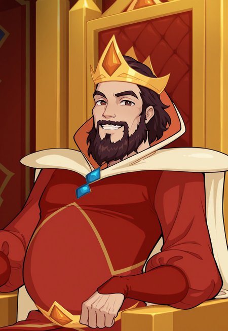 solo, masterpiece, 1boy, male, w0lfc0nf

WinxErendor, dark brown hair, beard, crown, cape, red outfit, headshot, looking at viewer, smiling, throne room, face focus
