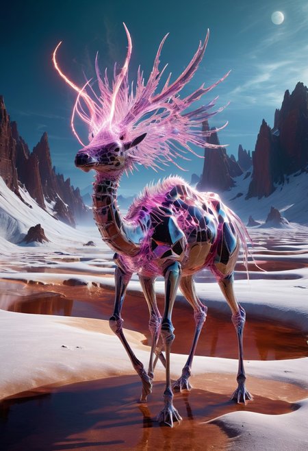 white desert oasis, salty earth, hyper detailed,  rusty, striking, animalistic, bite-sized, by Floris van Schooten  and by richard avedon, famous artwork inspired by (beeple:1.3) and (cliff nielsen:1.4), crystalline, fractal art, fantasy style, this peculiar life form, the "inquisitive plerkblortz" hides in the gnarling dense crystal jungles of the puffalorpled exoplanet "gazorpazorp secundus", covered in a metallic exoskeleton it ambushes its prey with (long crystalline appendages:1.4), dark, shadows, black, shadow hues, highly artistic, highly painterly, harmonic colors, expressive, ultimate aesthetic level, visible brushstrokes, masterclass artistry, vibrant energy, apocalyptic mood, atmospheric haze and dense fog, strong winds,  highly aesthetic, otherworldly, limited palette,  faded colors, washed out colors, extremely dark, extremely low key lighting, dark shadows, perfect composition, full panoramic shot translucent, transparent, glowneon, glowing, sparks, lightning
