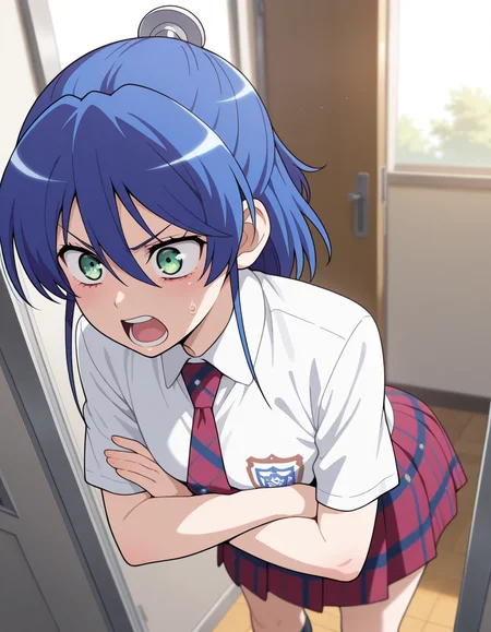masterpiece,best quality,amazing quality, very aesthetic, 1girl, very awa, absurdres, highres, newest, solo,
<lora:Nagisa_Aizawa:1>nagisa,blue hair, short hair,green eyes, hair ornament,plaid tie, white shirt, plaid skirt,black socks,loftwear, 
angry, leaning against,  open door, crossed arms, open mouth, classroom,
