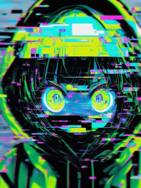 1girl, ar-glitch, ar_glitch, glitch, hood, hood up, hoodie, jacket, shorts, sneakers, solo, looking at viewer, 
(extreme close-up:1.2), (green theme :1.4), 
 <lora:Glitch-000007:0.75>