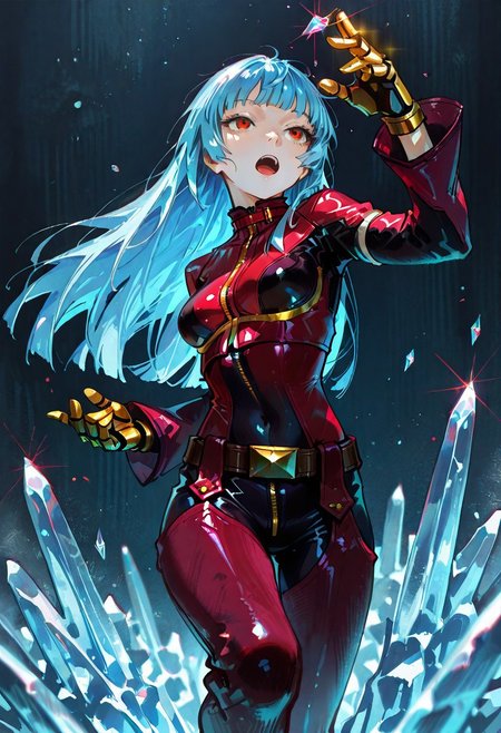 masterpiece, best quality, very aesthetic BREAK dino \(dinoartforame\), horror \(theme\), gritty, faux traditional media, painting \(medium\) BREAK 1girl, solo, kula diamond, 1girl, solo, long hair, blue hair, gloves, breasts, zipper, red eyes, bangs, chaps, red lavender bodysuit,  gloves, gold gloves,  mechanical gloves,belt, covered navel, dynamic pose, ice, ice effects, open mouth, 
 <lora:noob05-dinoartforame-jan30v2-step00002464:1>