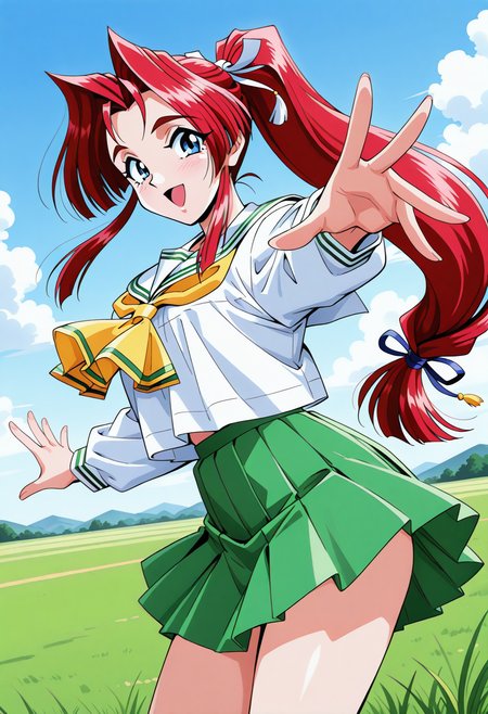 yokoyama_megumi, blue eyes, red hair, long hair, ponytail, low-tied long hair, hair ribbon, school uniform, serafuku, white sailor collar, yellow neckerchief, white shirt, long sleeves, green skirt, pleated skirt, <lora:Graduation_yokoyama_megumi_illustrious_ver1:0.8> 
smile, open mouth,, masterpiece, best quality, sensitive,, 1girl, solo, blue sky, (grasslands:1.2), looking at viewer,, (cowboy shot, dynamic pose:1.4),