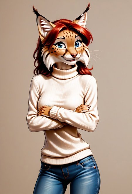 digital_media_(artwork) hi_res, score_9, score_8_up, score_7_up, score_6_up, source_furry, rating_safe, anthro, furry, female, furry female, detailed textured fur, fur tufts, lynx, red hair, blonde brown fur, spots, beautiful blue eyes, medium breasts, covered breasts, slim, slender, turtleneck sweater, denim jeans, smile, SFW,