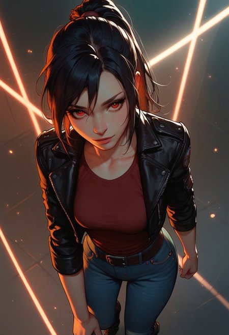 score_8_up, score_7_up , score_9, black hair, long hair, ponytail, solo, red eyes, dynamic lighting, medium breasts, leather jacket, red tanktop, jeans, combat boots,  standing, dynamic angle, night, (cowboy shot, face close-up, cheeky:1.2), knee up, leaning