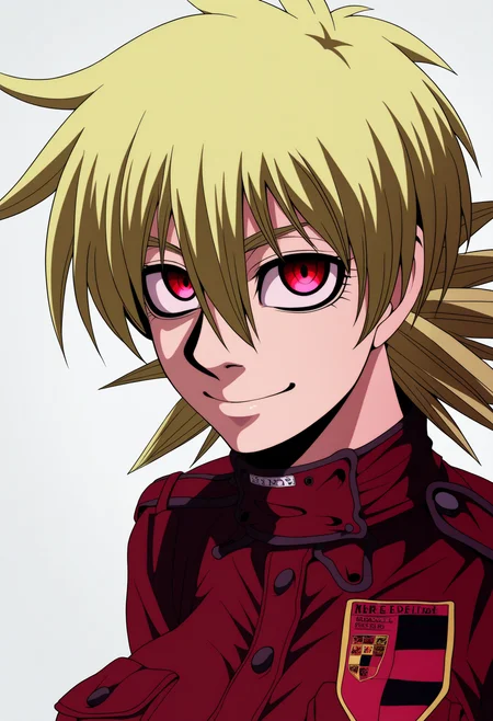 best quality, amazing quality, very aesthetic, absurdres,
BREAK
1girl, seras victoria, blonde hair, red eyes, 
red uniform,
smile, looking at viewer, upper body, simple background, white background, <lora:SerasVictoriaNoobXL_byKonan:1>