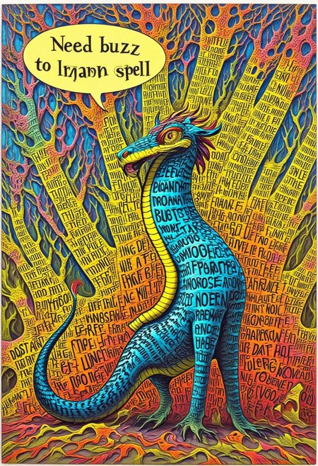 A cute, lively, rebellious literary snake filled with text and a speech bubble with the words “Need buzz to learn to spell"