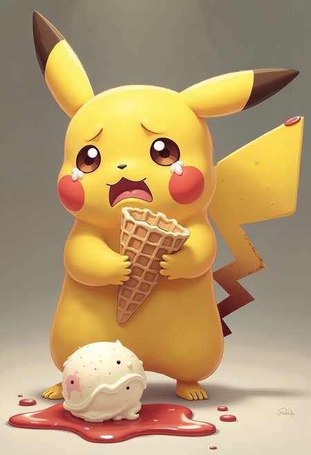 A pikachu that dropped its Ice cream scoop on the floor. Empty waffle in hand. It is very sad. The pikachu has a very sad expression, close to tears. Sad eyes, sad mouth.