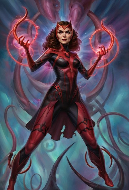 w4rh4mm3r style oil painting, grimdark, marvel scarlet witch woman, witch floating in the air with powerful Eldritch magic coming from her hands. cybernetic arm