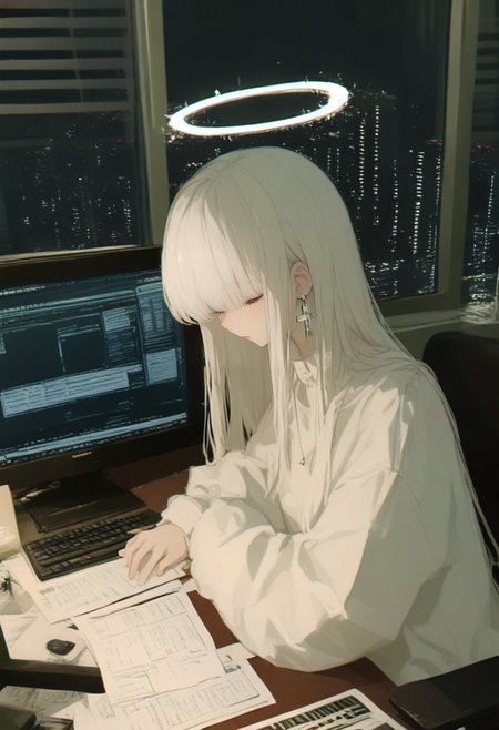 1girl, halo, solo, jewelry, earrings, long hair, window, night, long sleeves, indoors, cross earrings, cross, white hair, upper body, monitor, paper, keyboard \(computer\), computer, building <lora:748cmXL_il_lokr_V5311P:0.95>