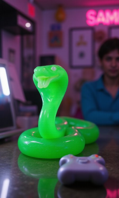 jade_snake, shebaaobao, neouv, cartoon snake made out of glowing illuminated iridescent jade ready to bite somebody on the counter of a pawn shop in New York City  <lora:jadesnakeflux-000001.safetensors:1.0> <lora:shebaobao_flux_snake_Cartoon_v2.safetensors:0.3> <lora:neouv_flux_03.safetensors:1.0>