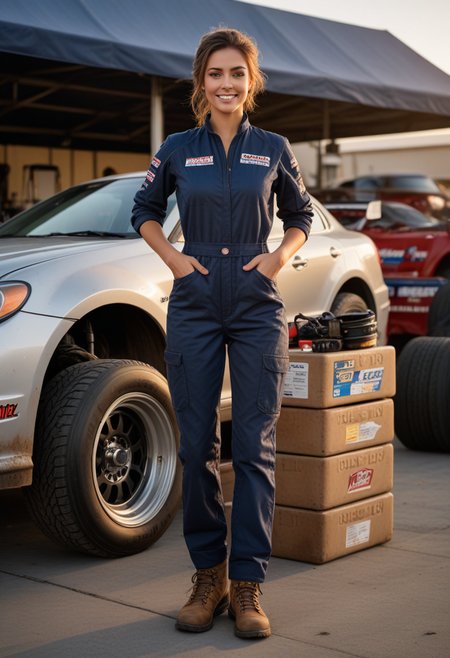 (medium full shot) of (handsome mechanic) young woman, spanish, dark brown eyes, tan skin, tan skin, dark Blue eyes, slender build, medium brown updo hair,  wearing a black coverall,utility pants,safety shoes, holding a rag, dirty with oil and grease, set in  Pit Stop, open area with a race car on a lift, tool chests on wheels, spare tires stacked nearby, fuel cans lined up, a computer for tracking lap times, a board with the race schedule, at sunset, woman laughing, arms crossed, Masterpiece,best quality, photorealistic, amazing quality, very aesthetic, extremely detailed face,