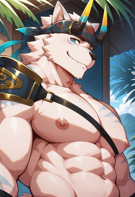 masterpiece,best quality,amazing quality, 1boy, solo, kum0, dog male, multicolored fur, tribal tattoo, main horned headband, blue eyes, japanese pauldron, chest harness, close up, side angle,