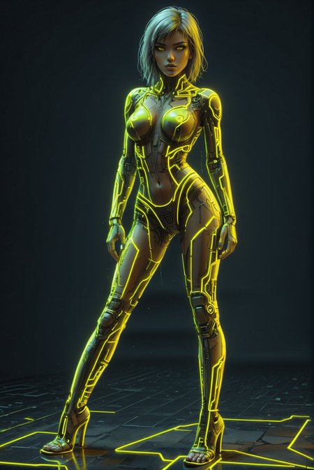 cyberpunk girl, neon_yellow outline, dark neon_yellow backgroung, scifi, 1980s, retro Leaning on one leg pose, athletic, cleavage  <lora:Dystopia:0.8> <lora:Neon_Cyberpunk_SDXL_-_Cyberspace:0.8> mad-cyberspace,, (masterpiece:1.2), best quality, (hyperdetailed, highest detailed:1.2), high resolution textures