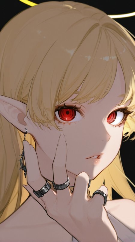 1girl, solo, long_hair, looking_at_viewer, bangs, blonde_hair, simple_background, red_eyes, bare_shoulders, jewelry, earrings, parted_lips, pointy_ears, hand_up, halo, ring, black_background, portrait