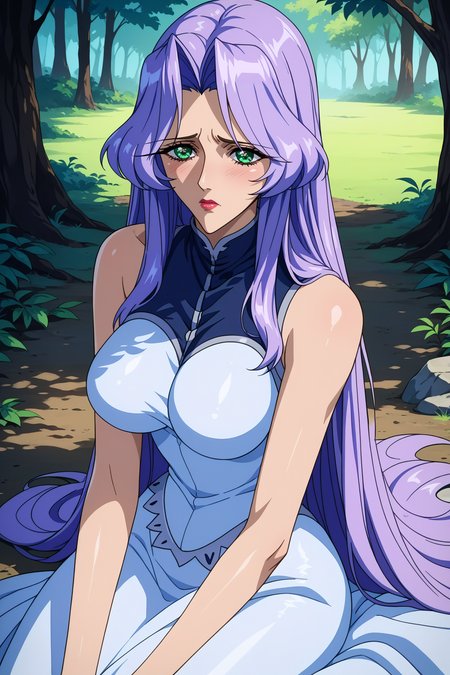 score_9, score_8_up, score_7_up, score_6_up, source_anime, 1girl, solo,  <lora:valkfreya-pdxl-nvwls-v1-000004:1> valkFr, lavender hair, long hair, green eyes, lipstick, white dress, sleeveless, long dress, large breasts, looking at you, sitting, on ground, forest, distressed, looking at you, blush, sad