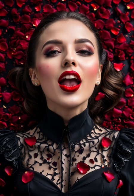 vibrant colors, mistress, masterpiece, sharp focus, best quality, depth of field, ((8k)), glow behind, excited face, red lips, beautiful look, ((closed black-red outfit)), ((fantasy Gothic style)), ((beautiful portrait)), ((close-up of face)), ((rose petals are falling)), ((rose petals everywhere)), photorealism, highly detailed