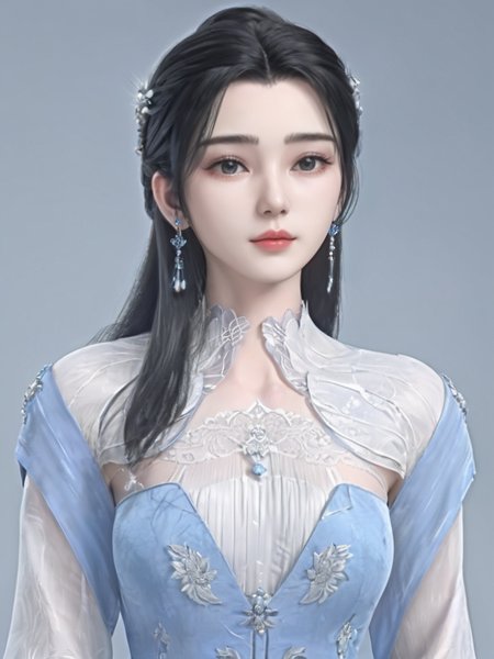 1girl, black hair, dress, hair ornament, solo, long hair, hair bun, upper body, blue dress, jewelry, earrings, white dress, long sleeves<lora:limuwan-000006:0.6>, masterpiece, best quality,newchinesestylesuit,,1girl , looking at viewer, full body, simple background, Cement Gray dress,   <lora:NewChineseStyleSuit_v01:1>