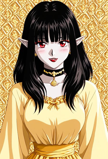 (((90s anime)))
(((Retro anime)))
(((Vintage manga)))
(masterpiece), best quality, expressive eyes,
(((Black medium hair))),
(((Black cut bangs)))
((Pale skin))
((Red eyes))
((Pointy ears))
(((Fangs)))
((Earings))
((Medium breasts))
((Pastel color makeup))
((Red lips))
((Yellow victorian dress with long sleeves))
((Choker)))
((Shawl full of satin bows))
((Looking at viewer))
((Shy face))
((Blushes))
((Profile pic))
((Onde hand on waist))
(((Night Castle background)))