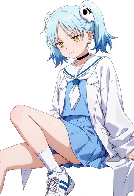 masterpiece,high quality details, absurdres,
 <lora:Izutsumi_Marín:0.8>
izutsumi_cnr, 1girl, blue hair,yellow eyes, multicolored hair,  skull hair ornament, twintails, black choker,ear piercing,
white sailor collar, blue serafuku, blue shirt,blue skirt,labcoat, white socks, sneakers,, simple background, white background, dutch angle,solo,, pain,depressed,, :t,, ultra realistic, high detailed skin,