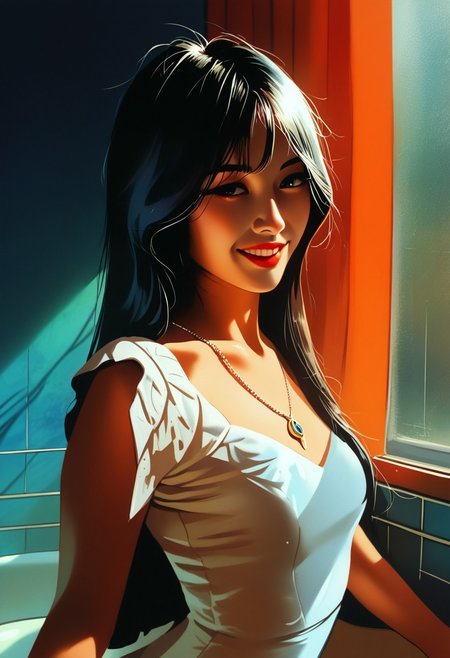 score_9, score_8_up, score_7_up, score_6_up, source_cartoon, 1girl, female, solo, femenine, petite, lean, pale skin,, soaking wet hair, smile, diaphonous white dress, bronze necklace, medium breasts, female focus, official style, close up, perfect anatomy, perfect face, standing,  abstract beauty, beautiful, centered, looking at the camera, approaching perfection, dynamic, moonlight, highly detailed, watercolor painting, artstation, concept art, smooth, sharp focus, illustration, portrait