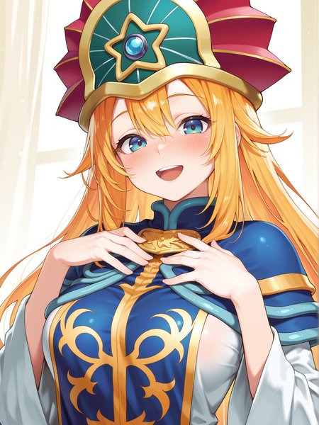 1girl, doriado, solo, open mouth, hands up, upper body, looking at viewer, smile, blush, :d, hand on own chest, red wizard hat, white robe,
masterpiece,best quality,amazing quality,very aesthetic,absurdres,newest,<lora:Doriado 4 in 1 illusXL v1.1:0.7>,