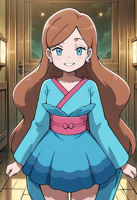 masterpiece, best quality, 1girl, solo, looking at viewer, smile,   zzLinnea, blue eyes, brown hair, long hair, earrings,  blue kimono, sash,  , <lora:LinneaPokemon_IXL_v2:1.0>, , smile, looking at viewer, cowboy shot,  <lora:CitronKuroStyle_IXL:0.8>,