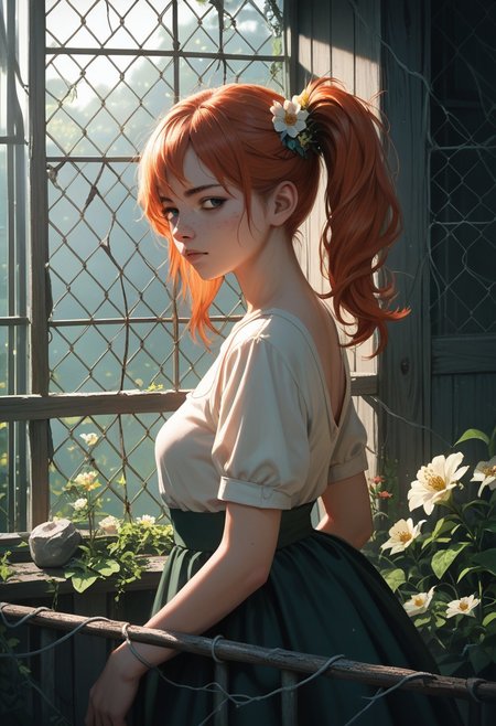 masterpiece, best quality, high quality, high details, source_anime, score_9, score_8_up, score_7_up, extremely detailed,
single red poppy flower growing beneath a rusty barbed wire fence, cracked dry soil, soft natural lighting, contrast between delicate flower and harsh metal, symbolic composition, realistic style
