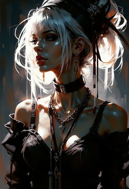 Silhouette Art, breathtaking detailed, masterpiece, awe-inspiring, radiant, magnificent, dark background, photorealistic portrait of stunning oriental goth woman, long white bob, bangs, lips parted, dark eyeshadow, red lips, make-up, sultry,  long necklaces, cleavage, silhouetted, light hitting one side of face, the other side in darkness