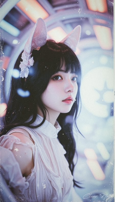 Neo Photorealistic Art Style, A Japanese girl with long fox ears and flowing black hair stands in cutting-edge white couture. Against a futuristic, intricate white backdrop, she embodies surreal Neo-Japan elegance, merging avant-garde fashion with ethereal minimalism.