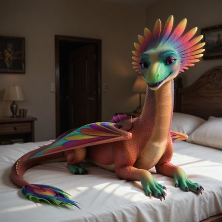 score_9, score_8_up, score_7_up, score_6_up, score_5_up, score_4_up, masterpiece, high quality, realistic, detailed, best quality, natural lighting, bright room, white bed, solo, rating_safe, source_furry, bedroom, smiling, seductive, looking at viewer, on bed, full body, melodia_rr, dragon, scales, rainbow wings, tail, claws, purple eyes, 1girl, female, feral, lying on belly