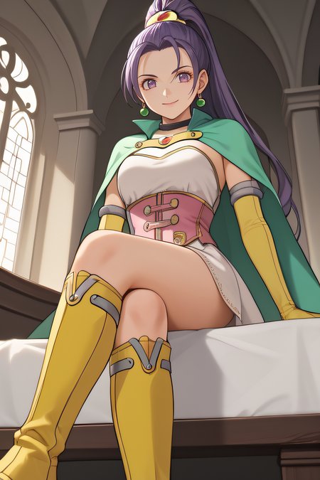 score_9, score_8_up, score_7_up, source_anime, rating_safe, intricate details, 1girl, solo, <lora:Serenica:1>, serenica, puple hair, high ponytail, purple eyes, black choker, jewlery, white dress, green cape, pink corset, yellow gloves, elbow gloves, thighs, looking at viewer, indoor, smile, cowboy shot, sitting on bed, crossed legs, yellow boots, from below