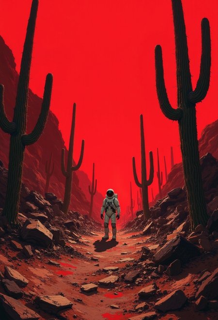 DB4RZ style painting, 　 The image depicts a haunting and desolate scene set on an alien planet. From a low angle, the viewer is drawn towards a lone astronaut standing amidst the wreckage of a crashed spacecraft. The figure is bathed in a blood-red hue, creating a sense of isolation and danger. The astronaut's white spacesuit stands out starkly against the dark, rocky terrain, emphasizing their vulnerability in the alien environment. Towering cacti cast long, eerie shadows, adding to the desolate and otherworldly atmosphere. The remnants of the spacecraft, scattered across the barren landscape, serve as a stark reminder of the dangers of space exploration. The overall tone of the image is one of loneliness, despair, and the unknown, with the astronaut's solitary figure and the alien landscape creating a sense of profound isolation.