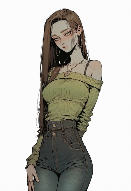 (score_9, score_8_up, score_7_up, score_6_up), (masterpiece, best quality, sinozick_style, 4k, perfect lighting),
solo,
1girl: (20-year-old female:1.2), brown hair, parted hair, brunette, green eyes, long hair, expressive face, slim waist, flat belly, hourglass figure, sexy legs, curvy hips, perfect butt, plump breasts, pale skin, hands, blushing, arms, small shoulders, hands, shins, (black jeans, short green tube-top sweater: 1.3), (necklace, rings, earrings: 1.2), (expressionless: 1.2),

(standing:1.1),
(plain white background:1.3),