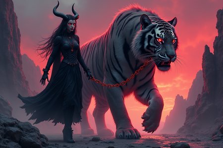 Full-length portrait of a sinister demon girl with obsidian horns, glowing crimson eyes, and clawed hands, striding confidently with a colossal sabre-tooth tiger bound by a molten chain leash. Style: Fusion of Zdzisław Beksiński’s surreal dystopian atmosphere (organic, biomechanical textures), Frank Frazetta’s primal dynamism (muscular anatomy, dramatic lighting), and Ayami Kojima’s gothic elegance (flowing robes, intricate patterns). Medium: Ethereal digital painting with ink-like precision and smoky, smoldering textures. Color palette: Deep blood-red, charcoal black, and ash-gray tones, with neon violet accents on the tiger’s spectral stripes and the demon’s smoldering chain. Composition: Diagonal layout emphasizing movement; the tiger’s snarling muzzle contrasts with the girl’s calm, predatory smirk. Background: Jagged obsidian cliffs under a bruised twilight sky, lit by a dying star. Rules: Hyper-detailed textures on the tiger’s fur and the demon’s scales, zero warm colors except crimson glows, chiaroscuro lighting to enhance menace, and a blurred motion effect on the chain to imply supernatural control. Forbid cuteness or cartoonish styles; prioritize haunting, mythic grandeur.