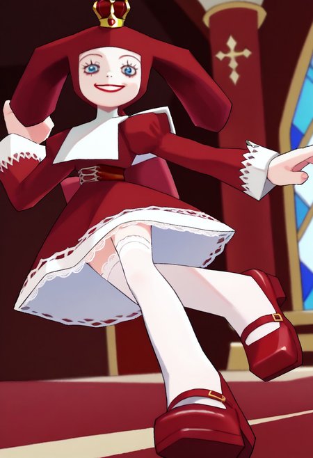 score_9, score_8_up, score_7_up BREAK PriZuDDR, 1girl, red gold crown, red headdress, blue eyes, red lipstick, white collar, long-sleeved red dress, red belt, buckle, white lace trims, white frills, white petticoat, white stockings, red platform shoes, red palace indoors, red royal palace background, elegant room, solo, solo focus, female, female focus, regal pose, regal attitude, royalty scene,