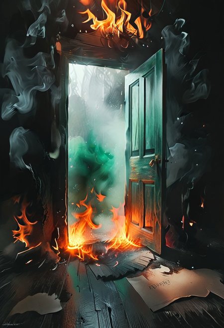 <lora:flame silhouette:1>,  <lora:flame:1>, flame,
burning office green door, office,
graphic style of novel comics, perfect hands, 2d,
8k, hyperrealism, masterpiece, high resolution, best quality, ultra-detailed, super realistic, Hyperrealistic art, high-quality, ultra high res, highest detailed, lot of details, Extremely high-resolution details, incredibly lifelike, colourful, soft cinematic light,