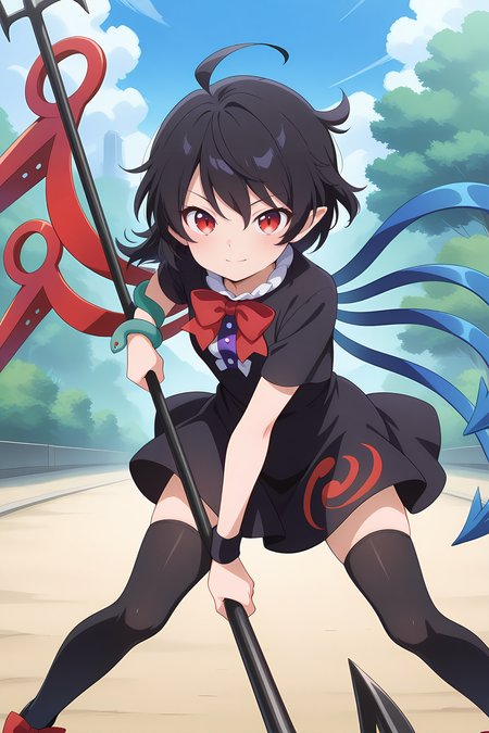 absurdres, highres, masterpiece, best quality, amazing quality, official anime artwork, screencap, anime screencap, outdoors, looking at viewer, light smile, dynamic pose, standing, 
 <lora:Nue-Houjuu_Illustrious:1> houjuu nue, 1girl, solo, red eyes, black hair, short hair, ahoge, pointy ears, asymmetrical wings,, black dress, black thighhighs, red bowtie, center frills, footwear bow, frills, snake armband, figthing stance, holding trident,