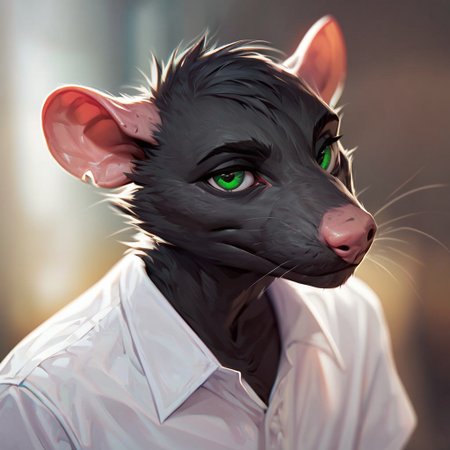 (((beautiful, high quality))), upper Body, score_9, score_8_up, score_7_up, 
ratfolk, furry rat, 1male, black fur, green eyes, white shirt,
looking at the viewer, posing, blurred background,