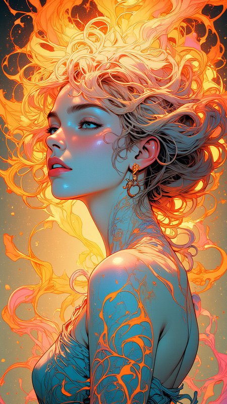 Surreal digital painting, inspired by Alphonse Mucha's Art Nouveau style, depicting a woman with flowing hair that appears to be made of flames or smoke, her pale blue skin giving an otherworldly appearance against the warm orange and yellow background; soft pink hues subtly present throughout, creating an enchanting atmosphere, wide color gamut, ultra-detailed textures, adaptive resolution enhancement., Niji Stan Katayama Style, aidmaMJ6.1  <lora:Niji B.safetensors:0.8> <lora:aidmaMJ6.1-FLUX-v0.4-aidmaMJ6.1.safetensors:0.4> <lora:RetroAnimeFluxV1.safetensors:0.35000000000000003>