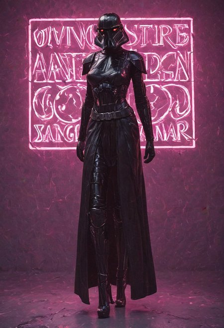 score_9, score_8_up, score_7_up, score_7, score_6_up, photo, detailed, full body, tack sharp, sharp focus, raw, realistic, highest quality, masterpiece, solo, Darth Vader in neon pink uniform, high heels, pink helmet on, very detailed dynamic Star Wars hangar as background, ((nsgzz, "DOING EVERYTHING FOR BUZZ!" (text), text focus, text, neon sign, white text, pink theme, glow)), d3t41l3d, full body