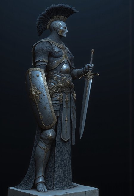 A feathered knight with a cape, holding a templar shield, and a gladiator sword
Set against a solid dark color background to emphasize its unsettling unnatural form that emphasizes its silhouette. The medium is not a traditional painting or illustrative medium like watercolor or ink but rather a digital 3D rendering.
MikeFranchinastyle, d4artstyle, d4concept, , bbstyle,, horror theme,, zbrush, ZBClay model of a gray sculpture, 1990's, 1990's style