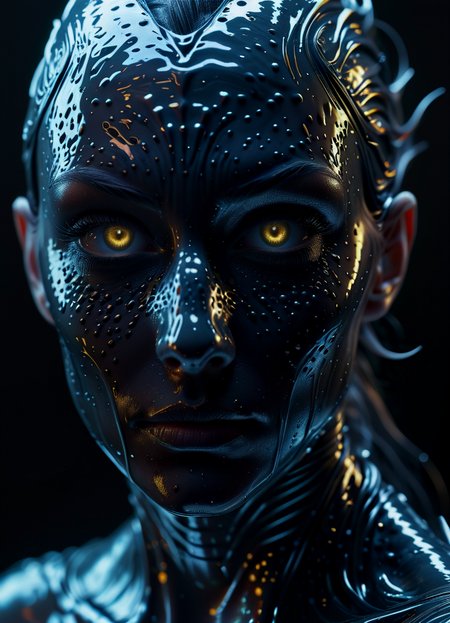 The dark creature stares at the camera, in the style of liquid metal, sold milky colored eyes, ray tracing, raw character, 32k uhd, schlieren photography, conceptual portraiture, wet - on - wet blending  <lora:XL_Bio-Luminescence:0.8> bioluminescent, glowing, subsurface scattering, Photorealistic, Hyperrealistic, analog style, realistic, film photography, soft lighting, heavy shadow