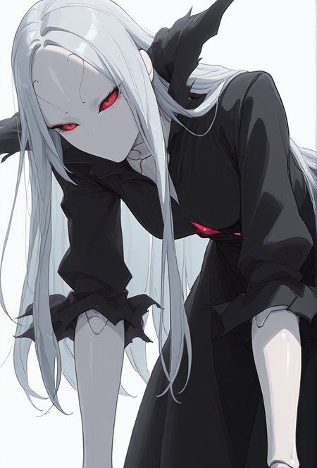 Smooth Quality,masterpiece,very intricate, high quality details, ultra realistic, high detailed skin,detailed enviorement,absurdres,
simple background, white background, 
leaning forward,wince,
 <lora:Berettacnn:0.8>  beretacnn,.1girl, long hair,red eyes, (mask:1.1), black dress,silver hair, doll joints, no humans, no mouth,