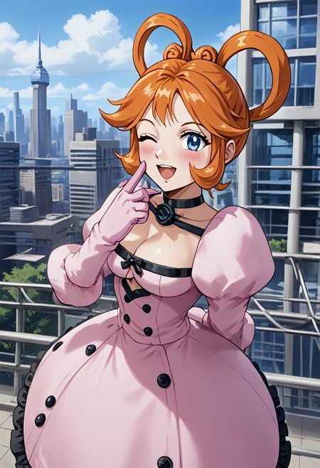 score_9,score_8_up,score_7_up,source_anime,5_figner,2d_animation,game cg,BREAK,1girl,solo,
1girl,Tico,puffy sleeves,pink gloves,hair rings,pink dress,orange hair,cleavage,blue eyes,bangs,antenna hair,choker,
medium breasts,blush,smile,open mouth,one eye closed,
upper body,front view,
outdoor,building,skyscraper,
masterpiece,best qualit,ultra-detailed,illustration,an extremely delicate and beautiful,beautiful detailed eyes,unity 8k wallpaper,high resolution,anime CG,official_art,