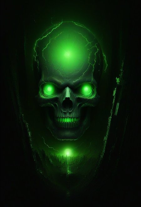 green sun, electricity, green glow, green theme, Necron, giant skull, chaos,